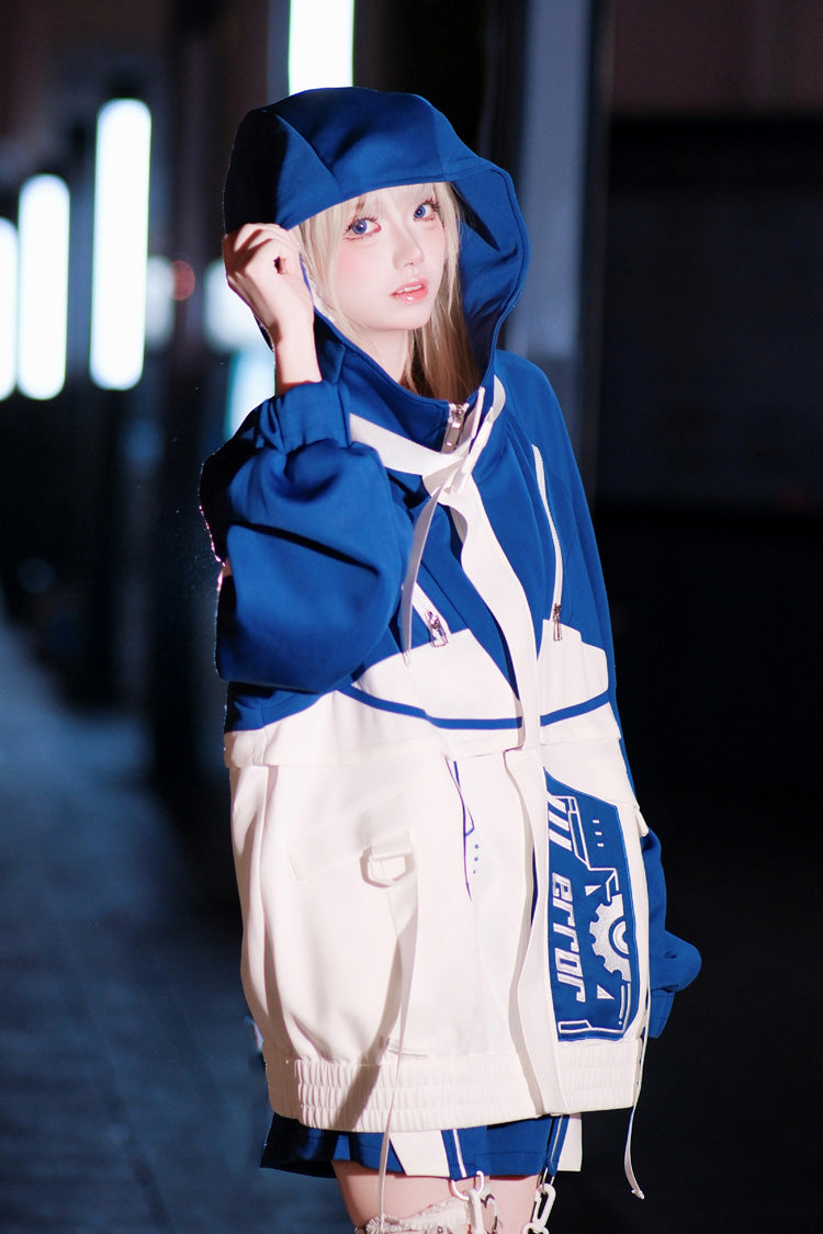 White/Blue [Zero-Type Transformation] Techwear Long Sleeves Embroidered Hooded Punk Jirai Kei Shorts Coat Set - Product - 3
