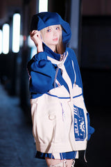 White/Blue [Zero-Type Transformation] Techwear Long Sleeves Embroidered Hooded Punk Jirai Kei Shorts Coat Set - Product - 3
