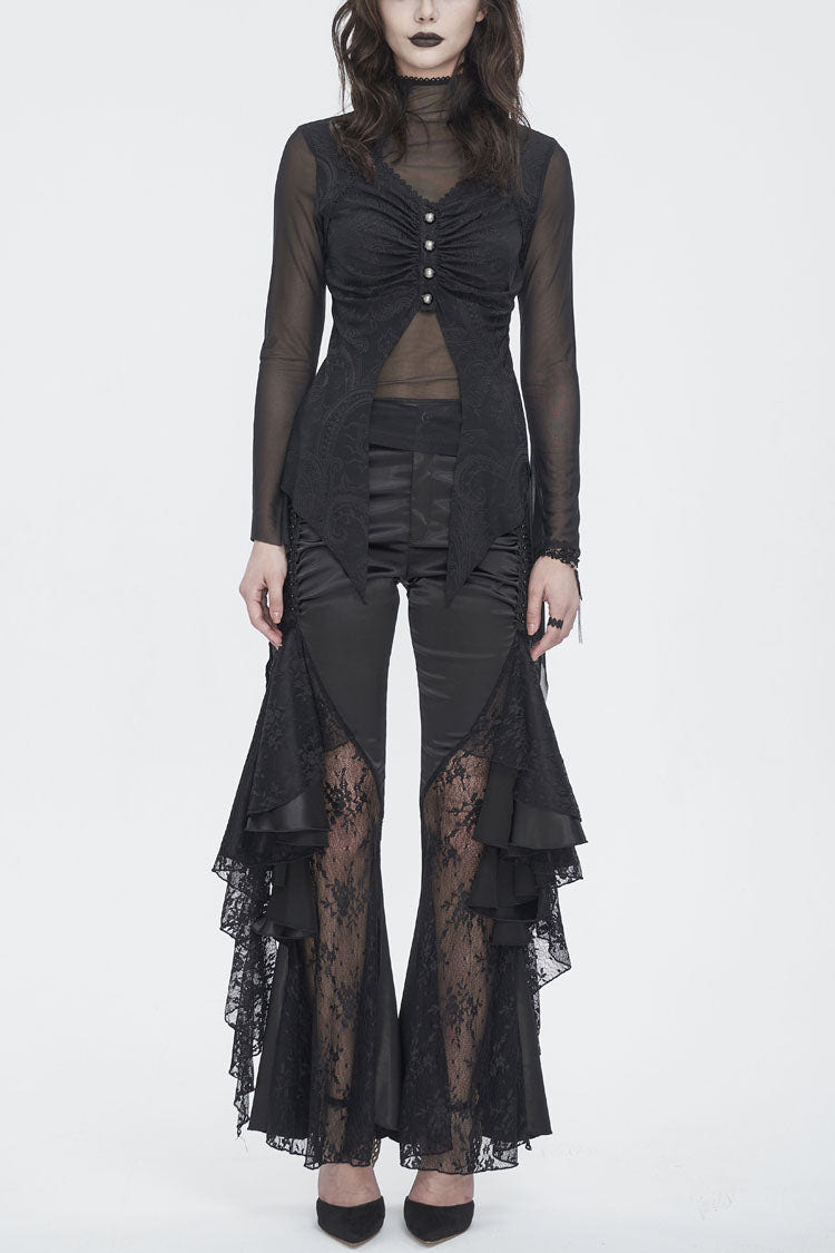 Black Jacquard Mesh Ruffled Long Sleeved Gothic Women's Shirt - Black - 1