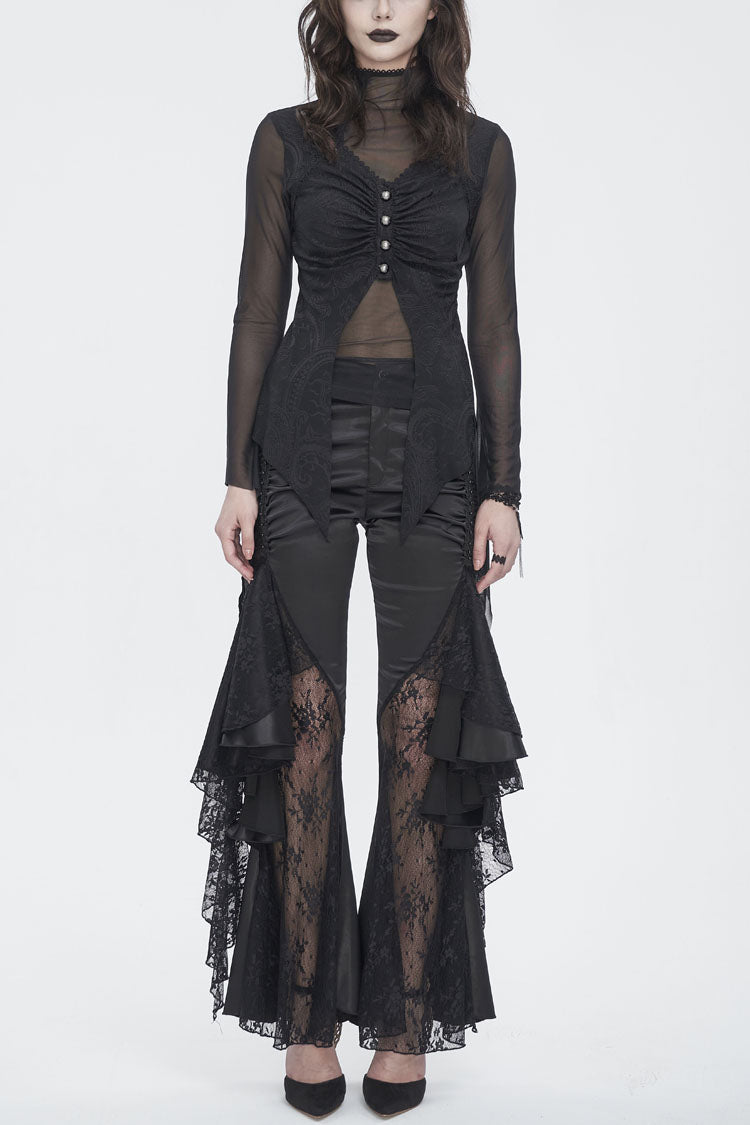 Black Jacquard Mesh Ruffled Long Sleeved Gothic Women's Shirt - Black - 1