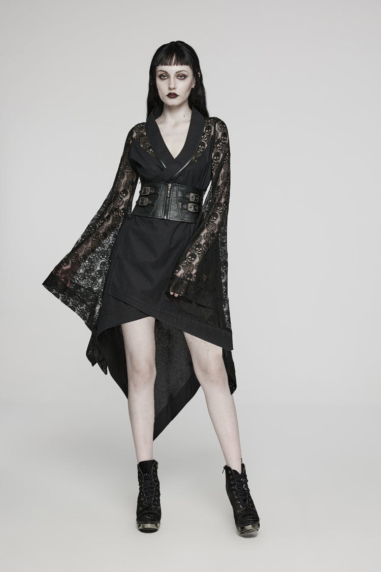Black Irregular Hem Skull Print Hollow Stitching Womens Steampunk Kimono Dress - Product - 4