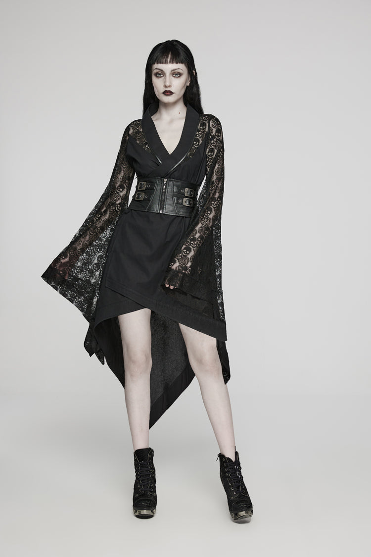 Black Irregular Hem Skull Print Hollow Stitching Womens Steampunk Kimono Dress - Product - 4