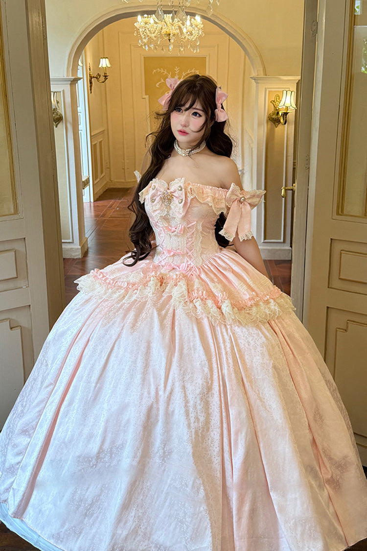 Pink [White Moonlight Lover] Romantic Commemorative Ceremony Sleeveless Ruffled Bow Lace Lace-Up Sweet Elegant Lolita Strapless Dress - Product - 9