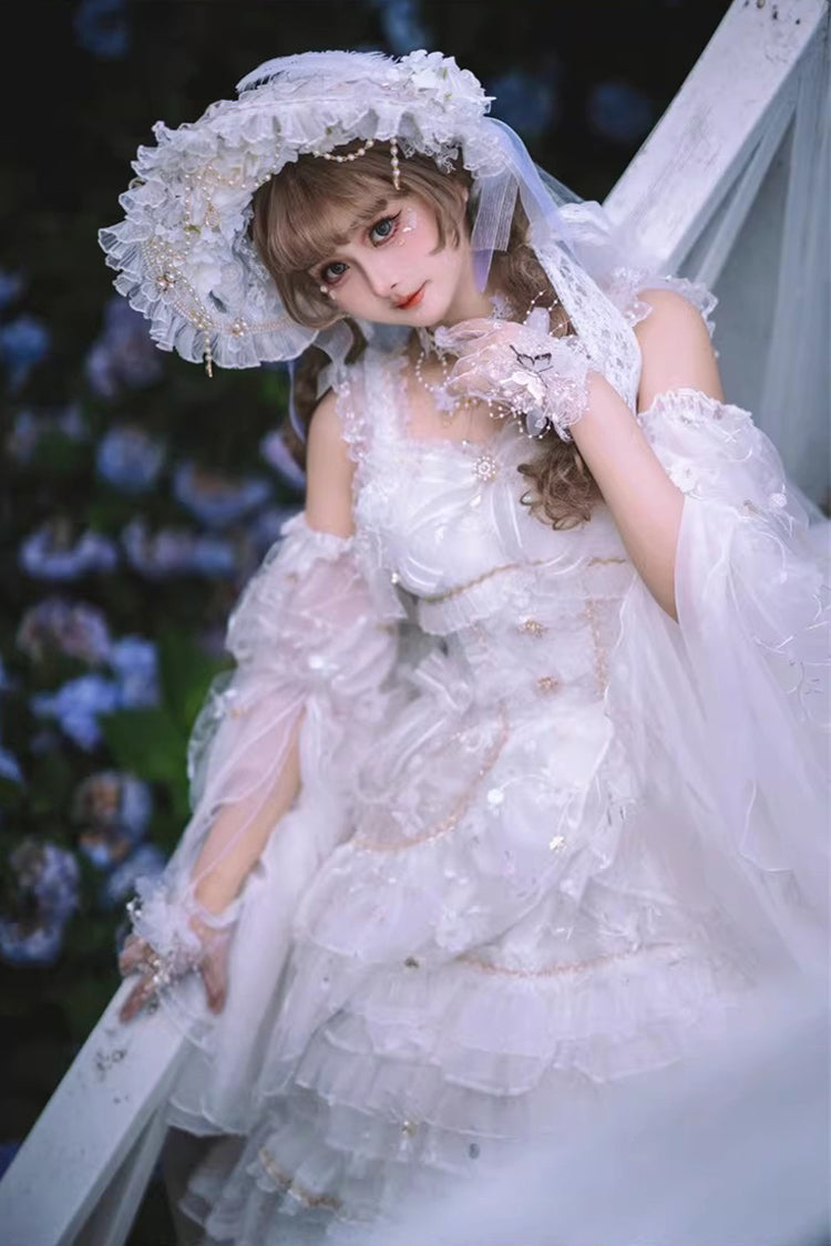 White [Dreamy Waltz] Sleeveless Multi-Layered Ruffled Hanayome Bow Lace Gothic Gorgeous Lolita Jsk Dress - Product - 8