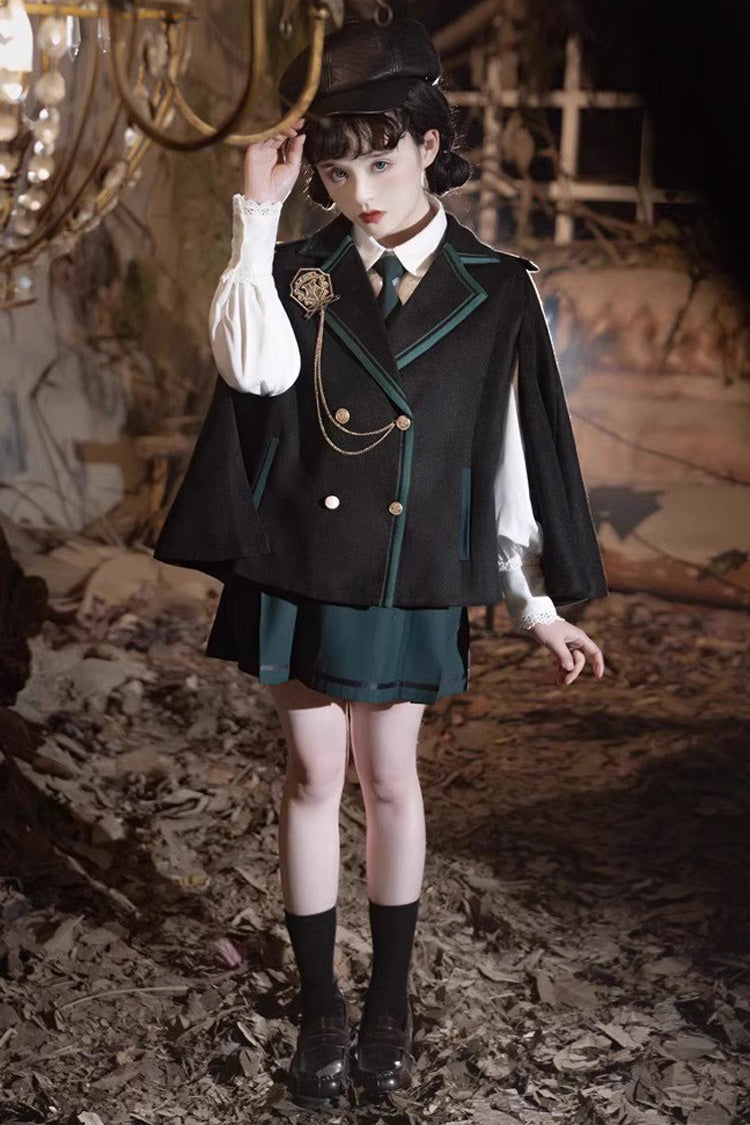 Black/Green Magic Academy Lapel Collar Gothic Vintage College Style Lolita Skirt Full Set - Black/Green - 1