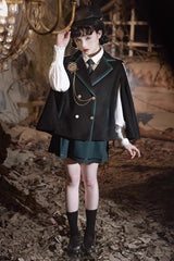 Black/Green Magic Academy Lapel Collar Gothic Vintage College Style Lolita Skirt Full Set - Black/Green - 1
