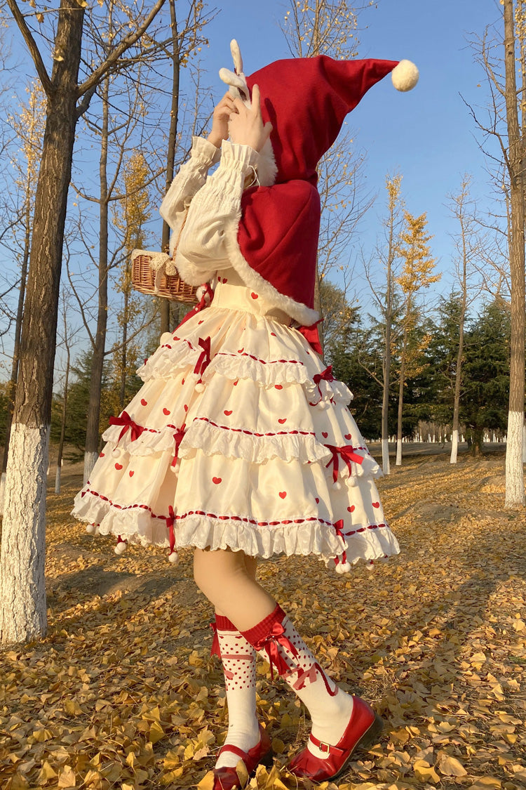 Red/Apricot Triple-Layered Print Ruffle Bowknot Lace Sweet Princess Lolita Dress Cloak Set - Product - 10