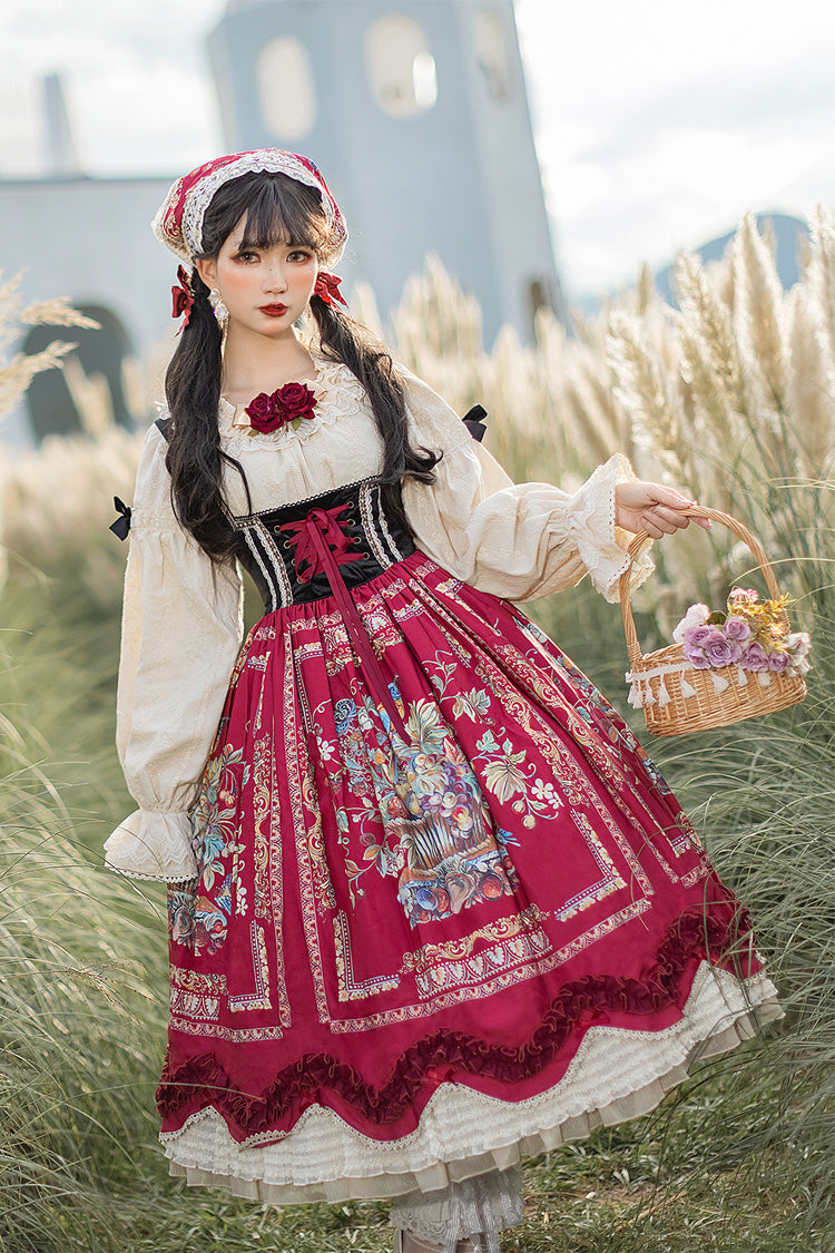 Wine Red [Ode to Plenty] Berries and Birds Print Ruffle Bowknot Velvet Classic Lolita Breast Support Jsk Dress - Product - 9
