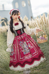 Wine Red [Ode to Plenty] Berries and Birds Print Ruffle Bowknot Velvet Classic Lolita Breast Support Jsk Dress - Product - 9