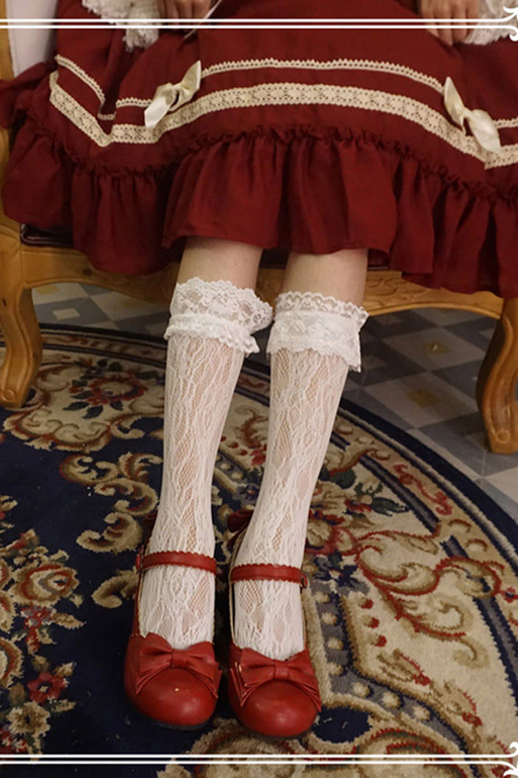 Lace Elegant Medium Classic Lolita Stockings 2 Colors - White - 2