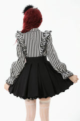 Black/White Striped Lapel Collar Long Sleeves Moon Lace Bow Ruffled Pleated Women's Gothic Dress - Product - 4
