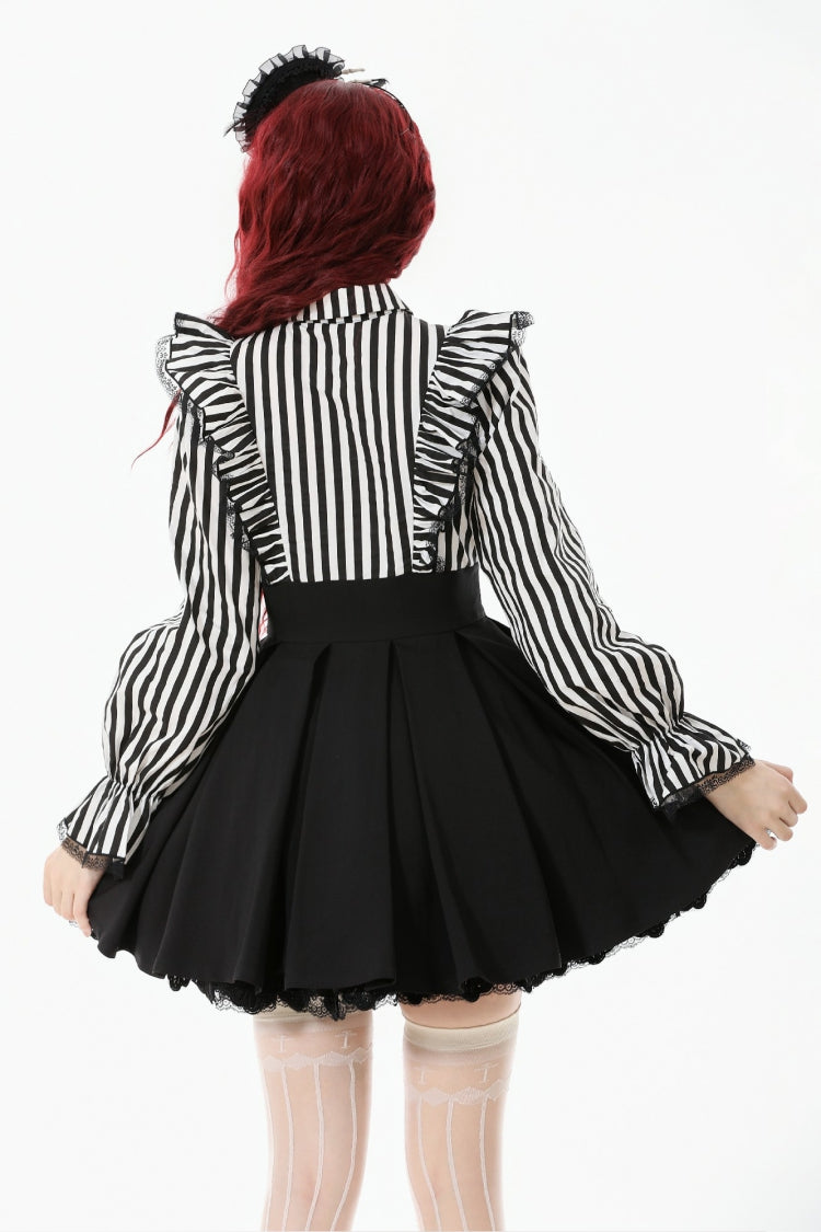 Black/White Striped Lapel Collar Long Sleeves Moon Lace Bow Ruffled Pleated Women's Gothic Dress - Product - 4