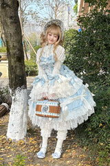 Blue Sleeveless Multi-Layered Ruffle Bowknot Lace Sweet Plus Size Lolita Jsk Dress - Blue - 1