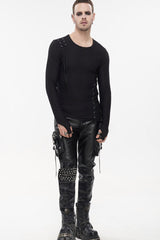 Black Punk Leather Metal Rivets Zipper Stereoscopic Side Pockets Men's Pants - Product - 9