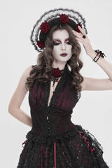 Black/Red Off Shoulder Double-Layered Embroidered Lace Lace-Up Slim Women's Gothic Vest - Product - 10