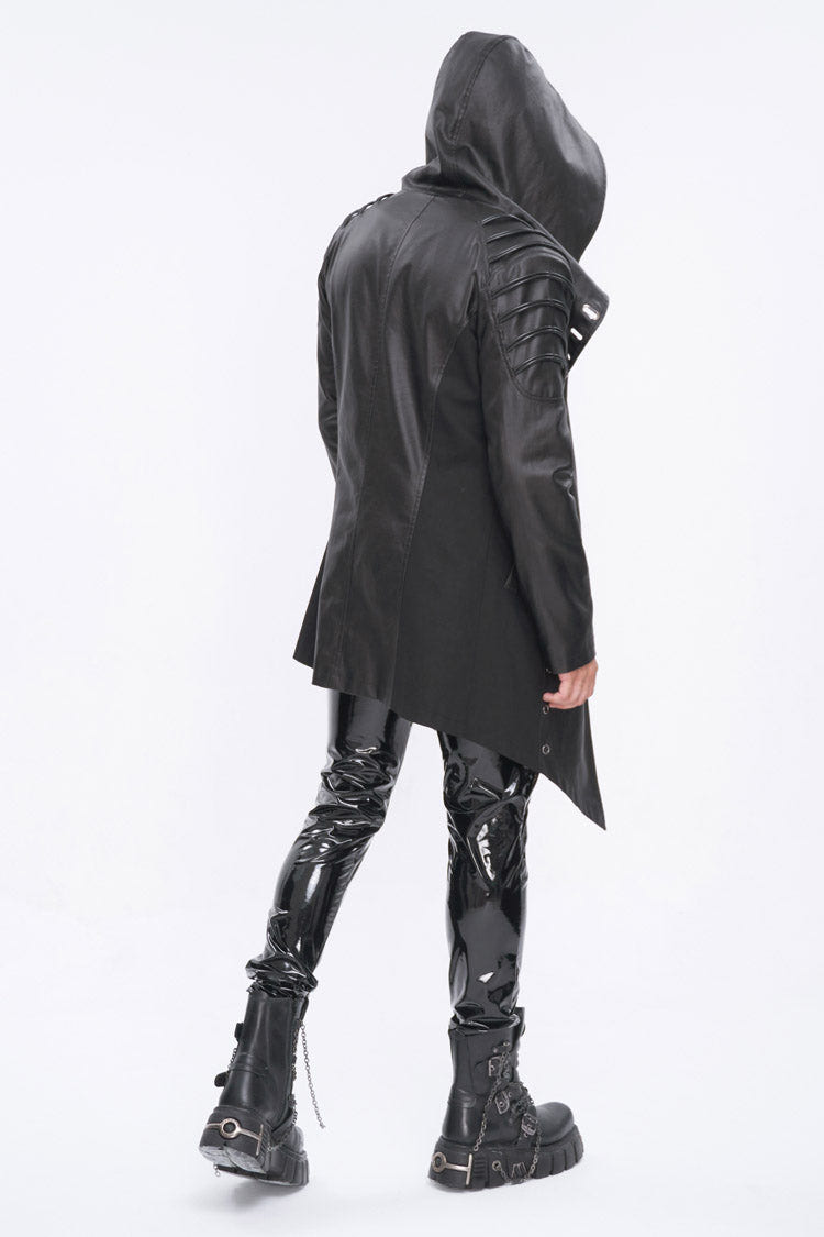 Black Irregular Eyelet Men's Gothic Jacket With Hood - Product - 6