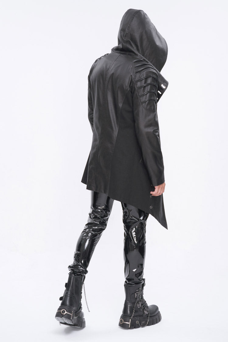 Black Irregular Eyelet Men's Gothic Jacket With Hood - Product - 6