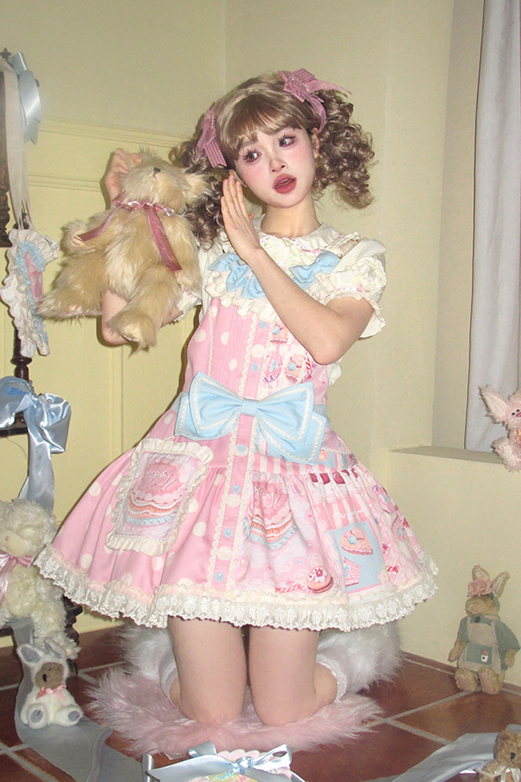Pink Cake Chocolate Dessert Print Ruffle Bowknot Sweet Lolita Strap Dress - Product - 6