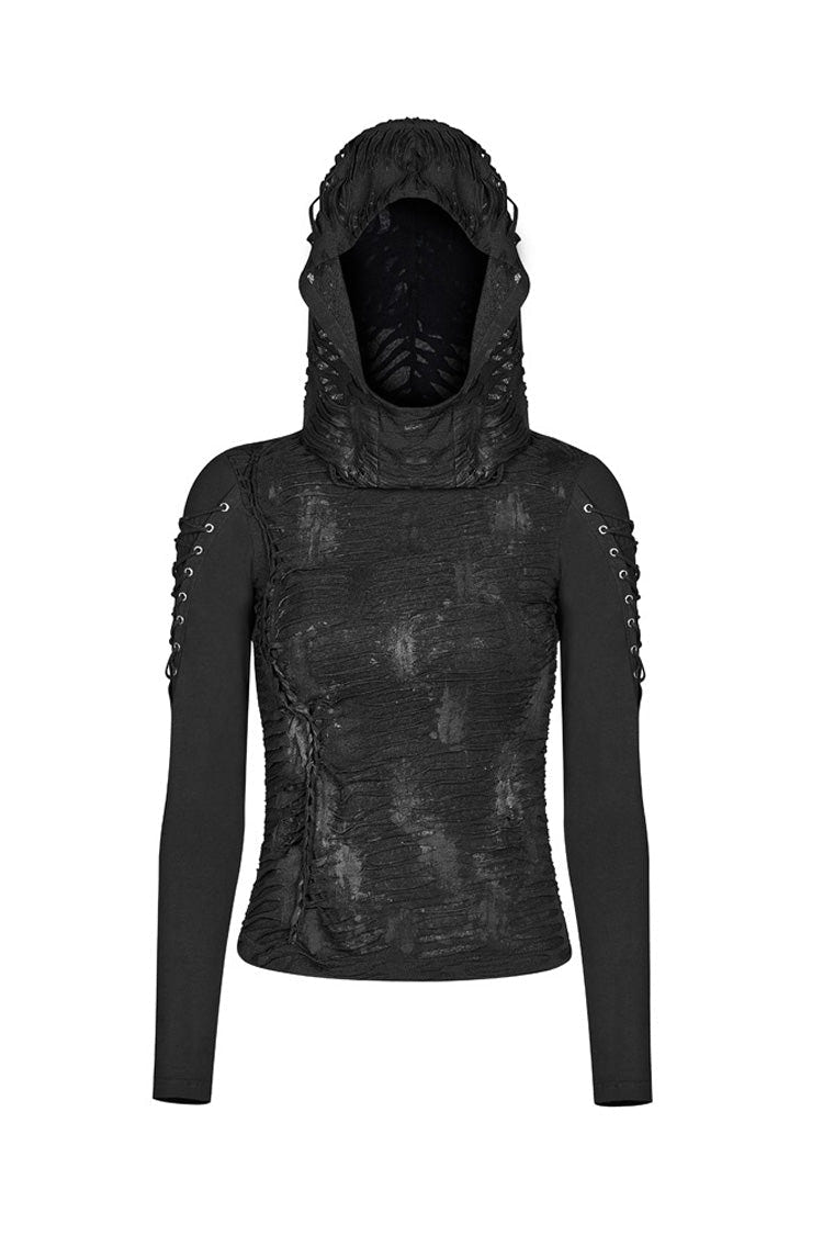 ブラック ブロークン ホールズ アーム ドローストリング ロングスリーブ フード付き ニット タイト レディース ゴシック Tシャツ 商品画像