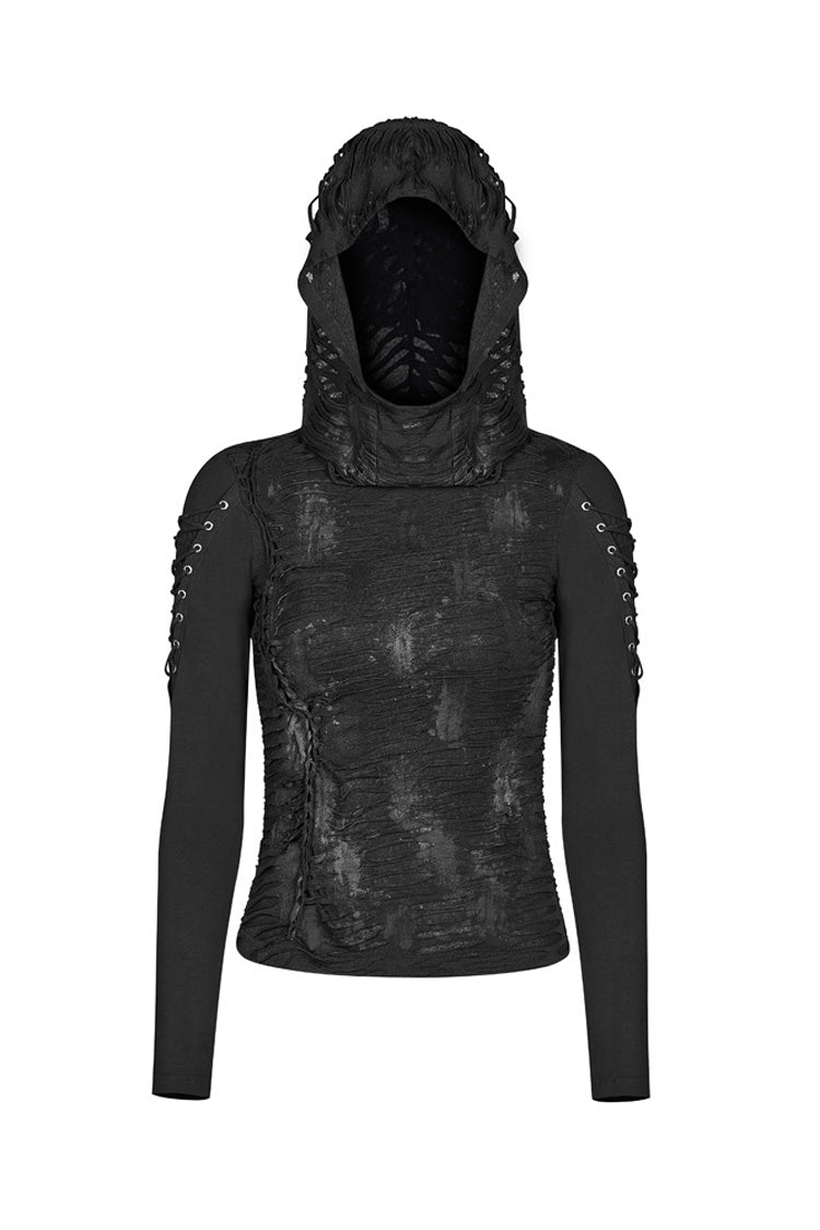 Black Broken Holes Arm DrawString Long Sleeve Hooded Knit Tight  Women's Gothic T-Shirt - Product - 3