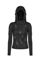 Black Broken Holes Arm DrawString Long Sleeve Hooded Knit Tight  Women's Gothic T-Shirt - Product - 3