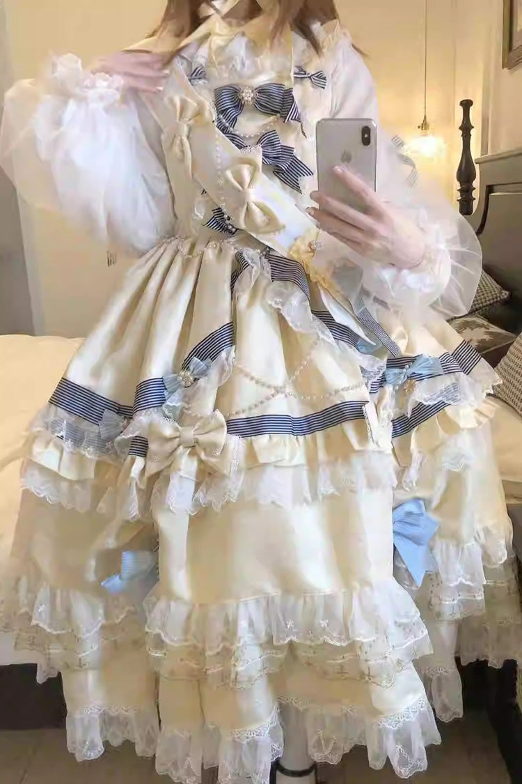 Gold Long Sleeves Multi-Layered Ruffle Bowknot Lace Sweet Princess Lolita Dress - Product - 7