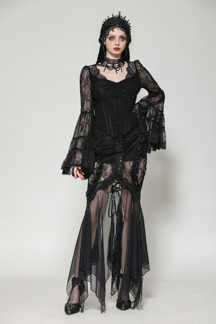 Black Women's Gothic V Collar Long Flared Sleeves Lace Patchwork Blouse - Product - 8