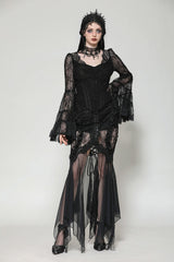 Black Women's Gothic V Collar Long Flared Sleeves Lace Patchwork Blouse - Product - 8