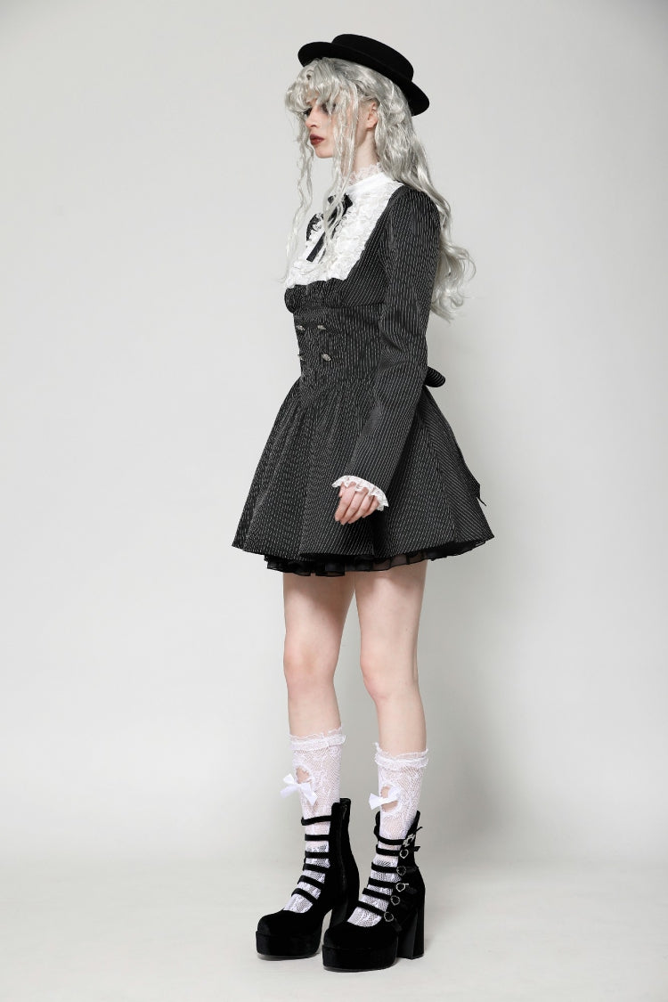 Black/White Striped Ruffled Lace Stand Collar Bow Long Sleeves Lace-Up Women's Gothic Lolita Graduation Dress - Product - 2