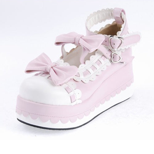 Pink Synthetic Leather Round Toe Ankle Straps Bow Decoration Platform Lolita Shoes - Product - 7
