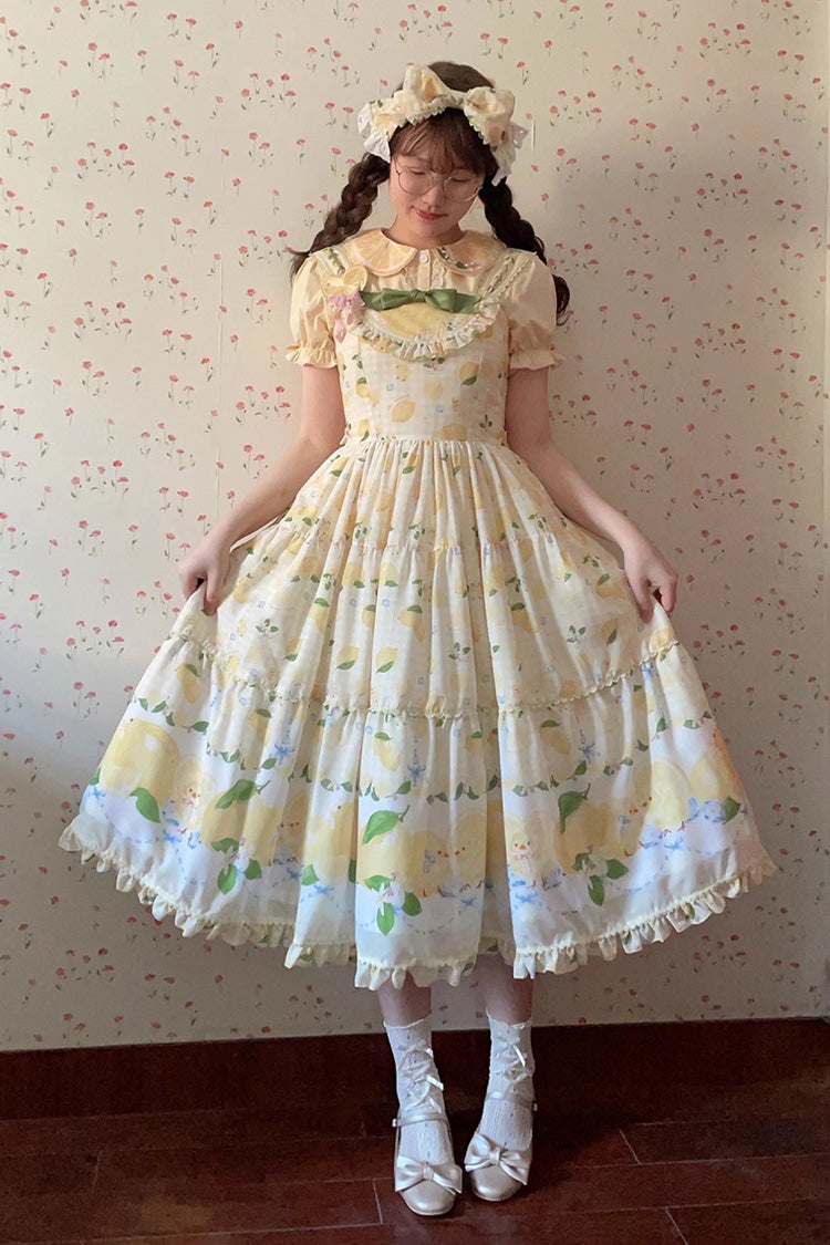 Yellow [Lemon Chicken] Print Ruffle Bowknot Lace Sweet Lolita Jsk Long Dress - Product - 9