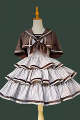 [From the Other Side] Sleeveless Triple-Layered Vertical Stripes Print Print Ruffle Bowknot Sweet College Style Lolita Jsk Dress - Brown - 1
