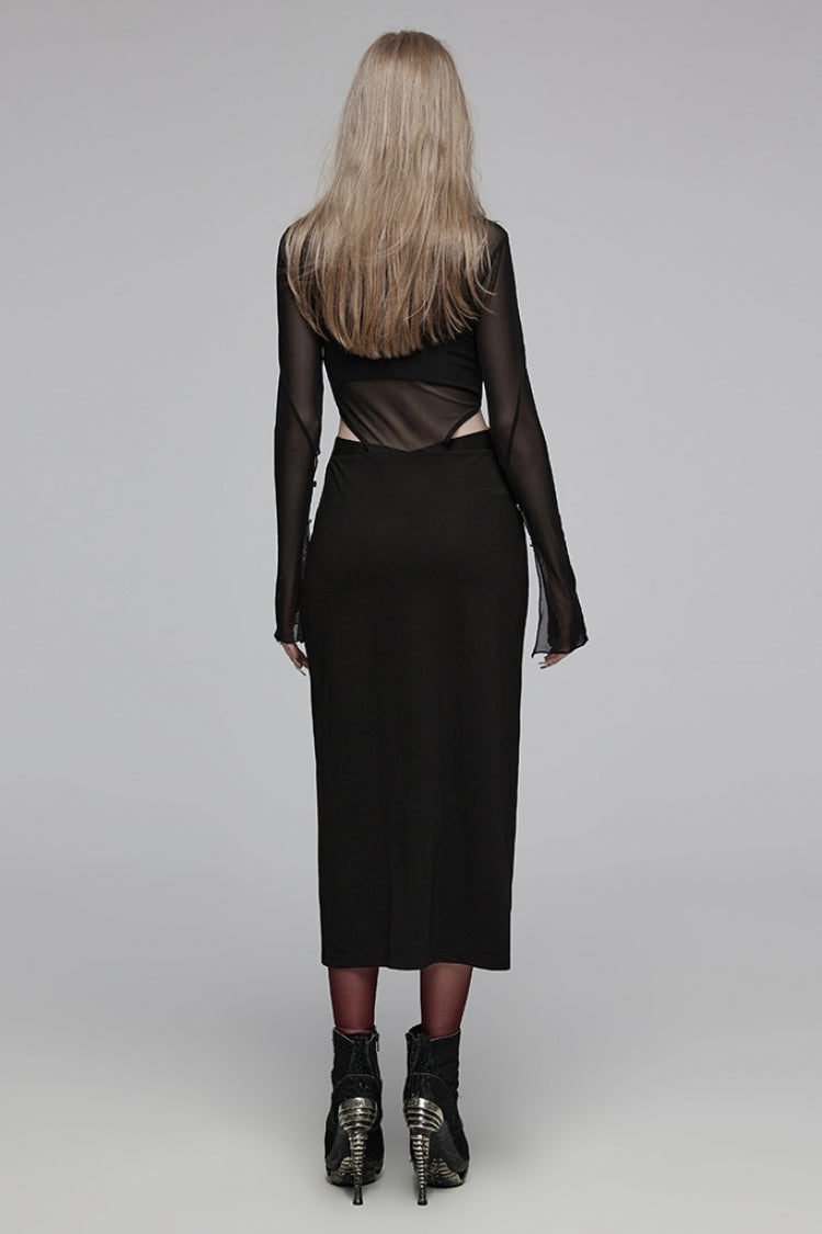 Black V Collar Long Sleeves Hollow Stitching Mesh Women's Gothic Dress - Product - 3