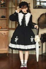 Dark Black Temple Of The Cross Doll Collar High Waisted Long Sleeves Multi-Layer Ruffled Gothic Lolita OP Dress - Product - 3