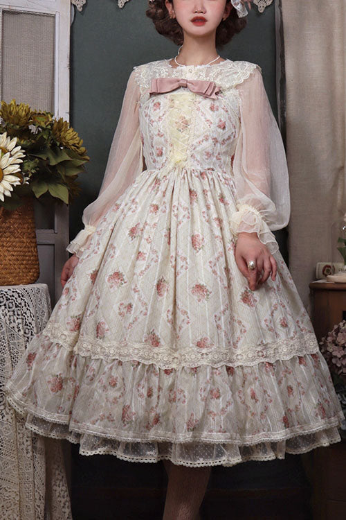 Pink Elegant Vintage Rose Print Multi-Layer Ruffled Sweet Lolita JSK Dress - Pink - 8