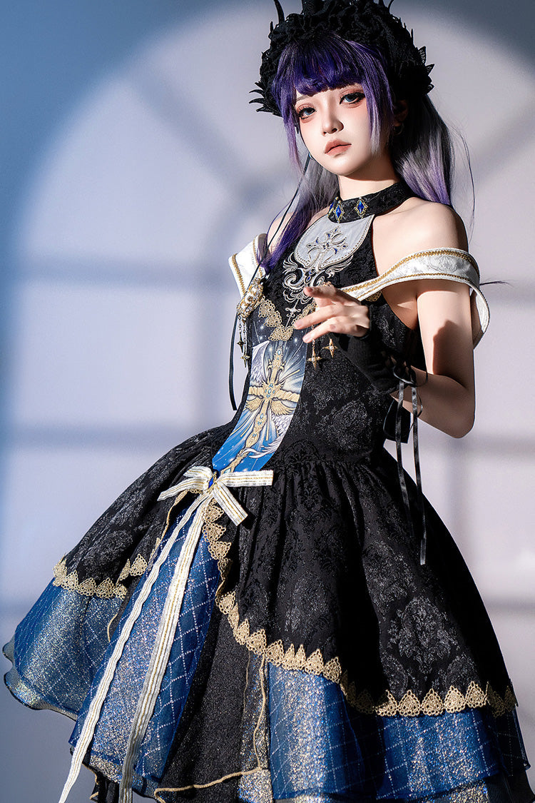 Black/Blue [Universe] Off Shoulder Halterneck Sleeveless Print Embroidery Cardigan Gothic Princess Lolita Dress - Product - 4