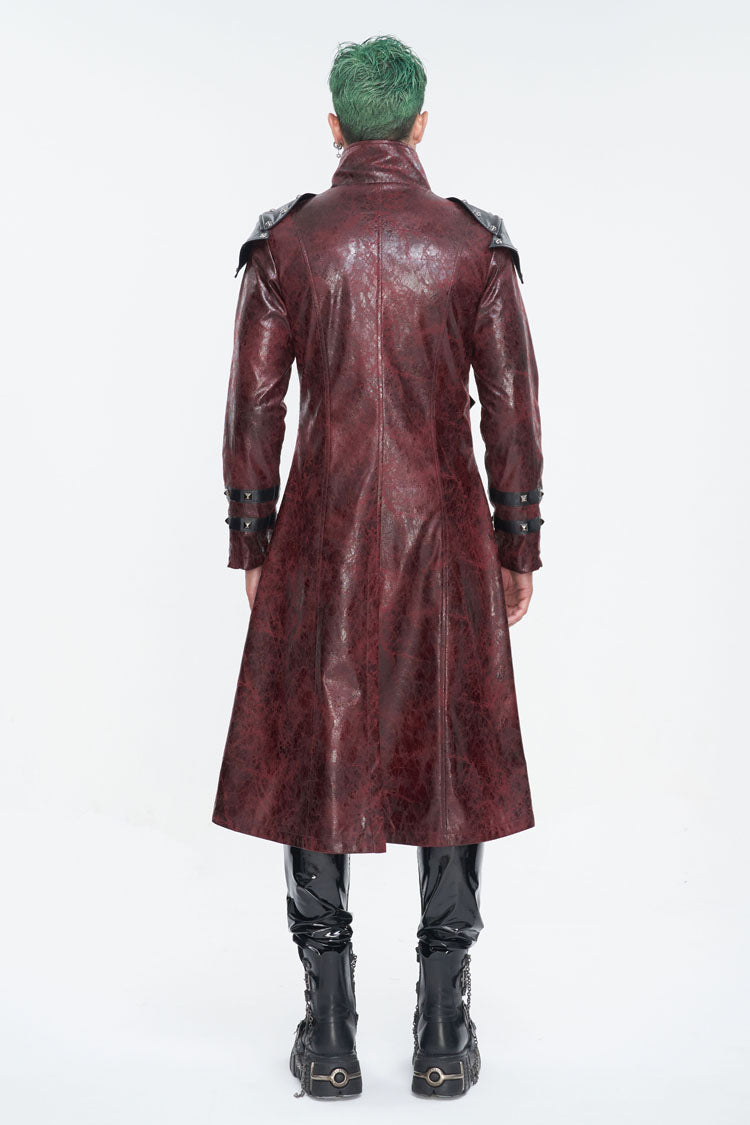 Red Stand Collar Multi Buckle Faux Long Leather Men's Punk Coat - Product - 5