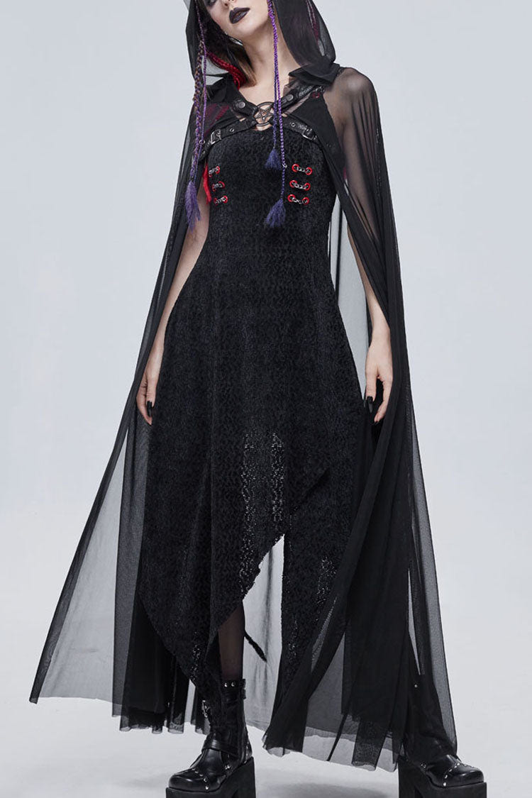 Black Punk Cross Leather Straps On Chest Design Metal Five-Pointed Star Decoration Long Hooded Women's Cape - Black - 1