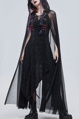 Black Punk Cross Leather Straps On Chest Design Metal Five-Pointed Star Decoration Long Hooded Women's Cape - Black - 1