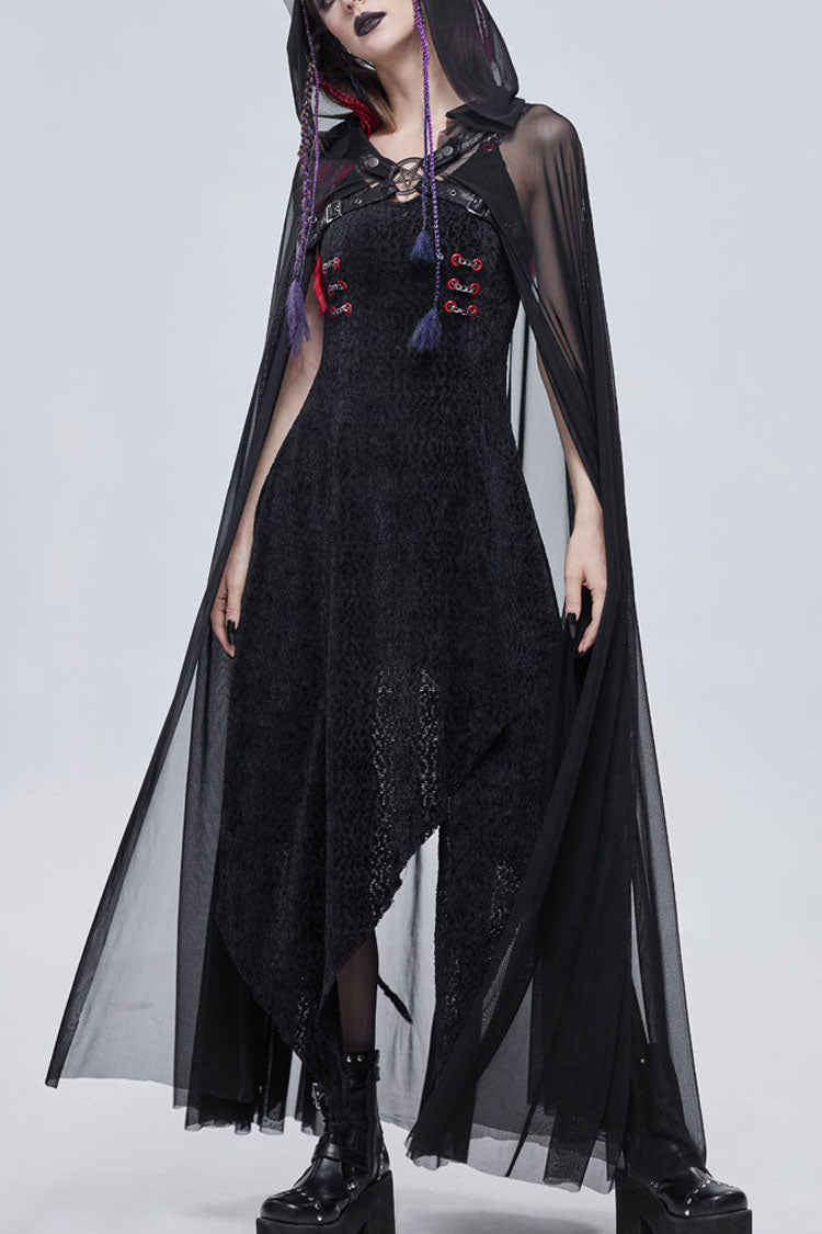 Black Punk Cross Leather Straps On Chest Design Metal Five-Pointed Star Decoration Long Hooded Women's Cape - Black - 1