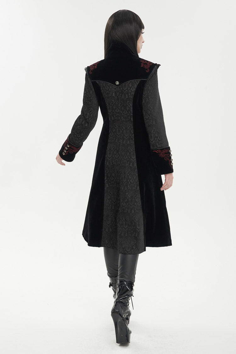 Black Jacquard Studded Mushroom Buckle Metal Cross Embroidered Women's Gothic Coat - Product - 7