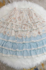 Blue/Apricot [Harvest Bear] Print Short Sleeves Multi-Layered Ruffle Bowknot Sweet Plus Size Lolita Dress 2 Versions - Blue/Apricot - 2