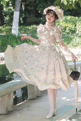 Multi-Color Daisy Print Cherry Embroidery Edwardian Collar Short Sleeves Sweet Lolita Dress - Product - 3