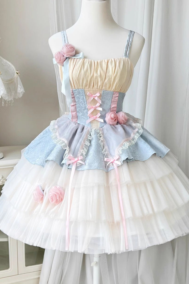 Blue/Pink Rose Peach Wine Sleeveless Multi-layer Ballet Style Sweet Lolita Jsk Dress - Product - 2