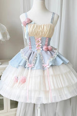 Blue/Pink Rose Peach Wine Sleeveless Multi-layer Ballet Style Sweet Lolita Jsk Dress - Product - 2