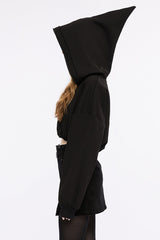 Black Long Sleeves Hooded Short Loose Women's Punk Shirt - Product - 2