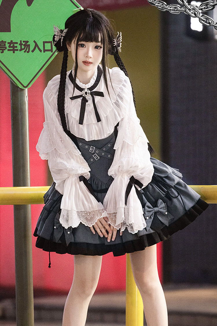 Black/Grey [Machinist] Sleeveless Multi-Layered Ruffle Bowknot Classic College Style Lolita Dress - Product - 4