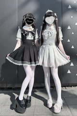 [Pearl Letter] Lapel Collar Short Sleeves Ruffled Bow Lace Jirai Kei Japanese Dress 2 Colors - Product - 12
