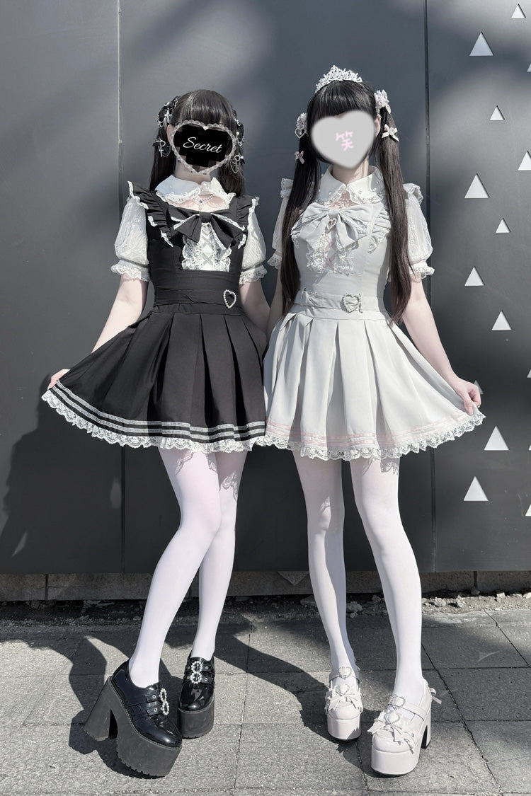 [Pearl Letter] Lapel Collar Short Sleeves Ruffled Bow Lace Jirai Kei Japanese Dress 2 Colors - Product - 12