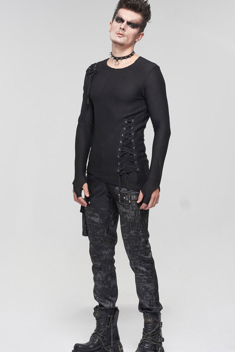 Black Gothic Asymmetry Drawstring Decoration Coarse Net Men's Shirt - Product - 11
